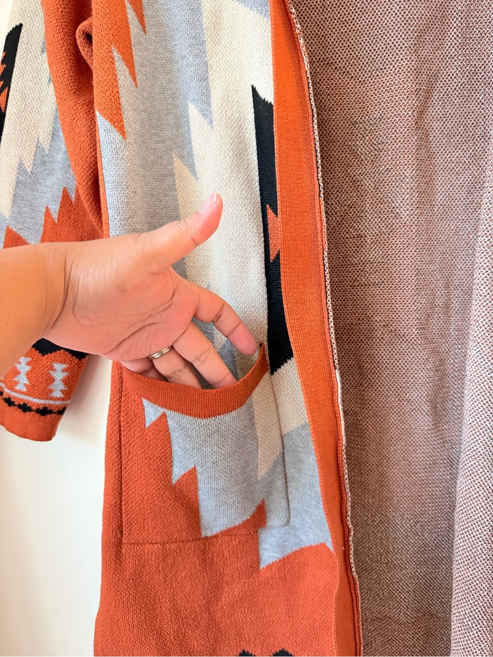 Aztec Pattern Open-Front Cardigan Sweater - Rust M - Picture 12 of 16